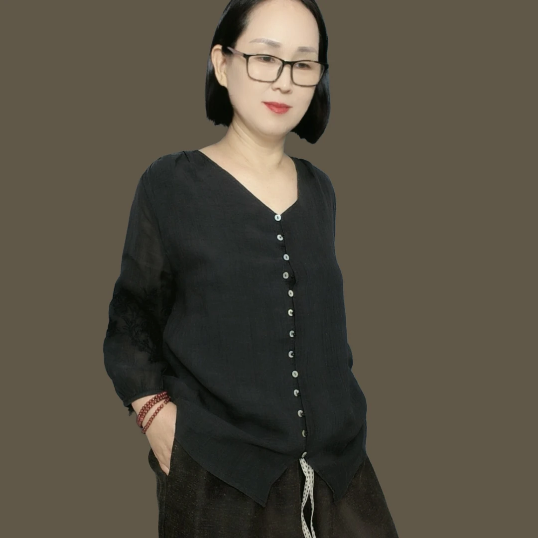 水溶针刺绣苎麻夏季长袖衬衫透气清凉文艺风