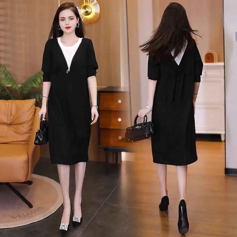 时尚假两件长袖连衣裙女2025秋季新款洋气减龄显瘦大码蕾丝中长裙