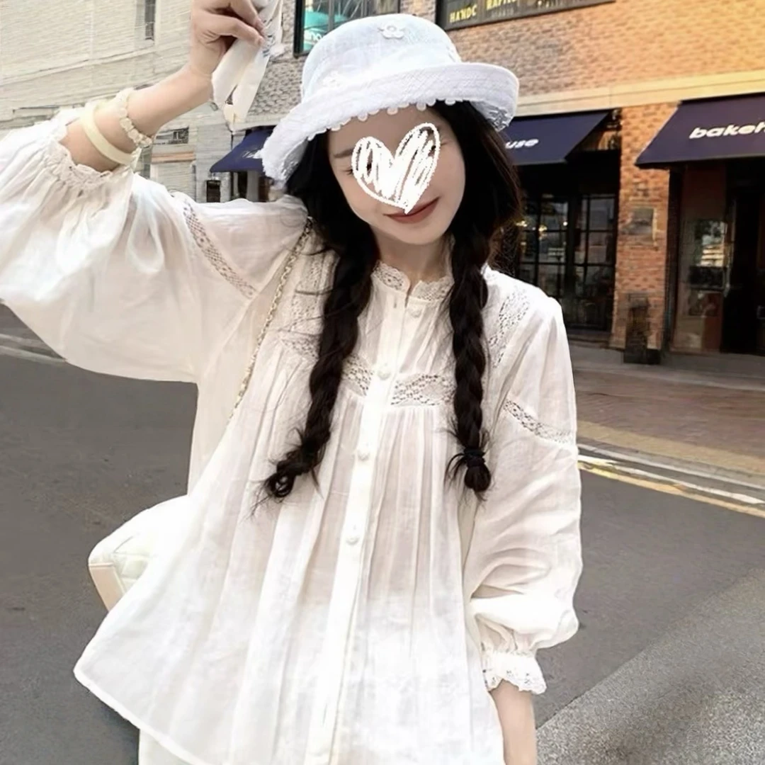 韩系蕾丝拼接宽松花边衬衫女2025早秋新款减龄显瘦别致百搭上衣