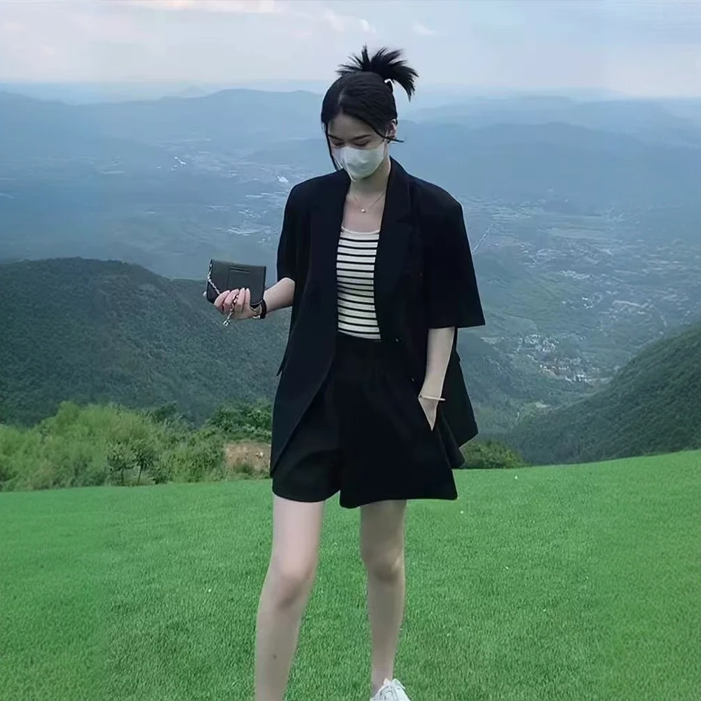 夏季小个子西装两件外套女薄款2025显瘦新款韩版小西装短袖套装