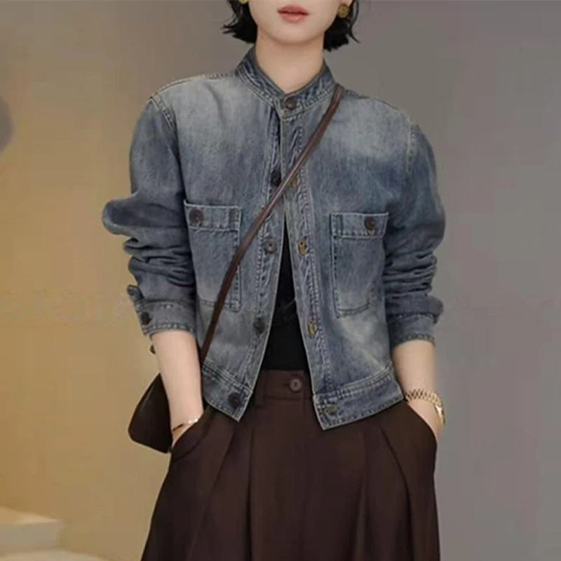 复古港风时尚牛仔外套女2025秋季新款宽松上衣双口袋立领长袖上衣
