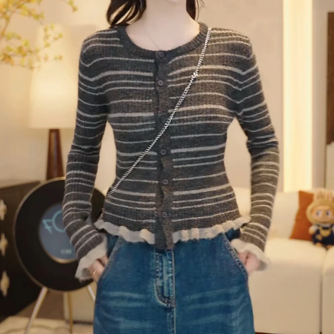 『落日余晖』法式慵懒风毛衣针织衫女2025秋款条纹小香风开衫毛衣