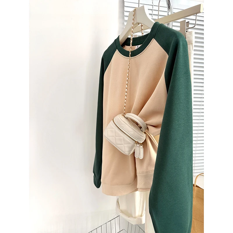 2025圣诞节新款绿色拼色插肩卫衣内搭费尔岛宽松慵懒风上衣长袖