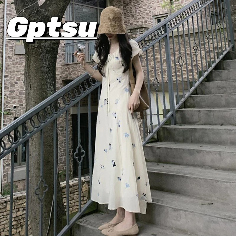 GPTSu法式白色碎花连衣裙子女夏季新款爆款气质绝美漂亮收腰长裙