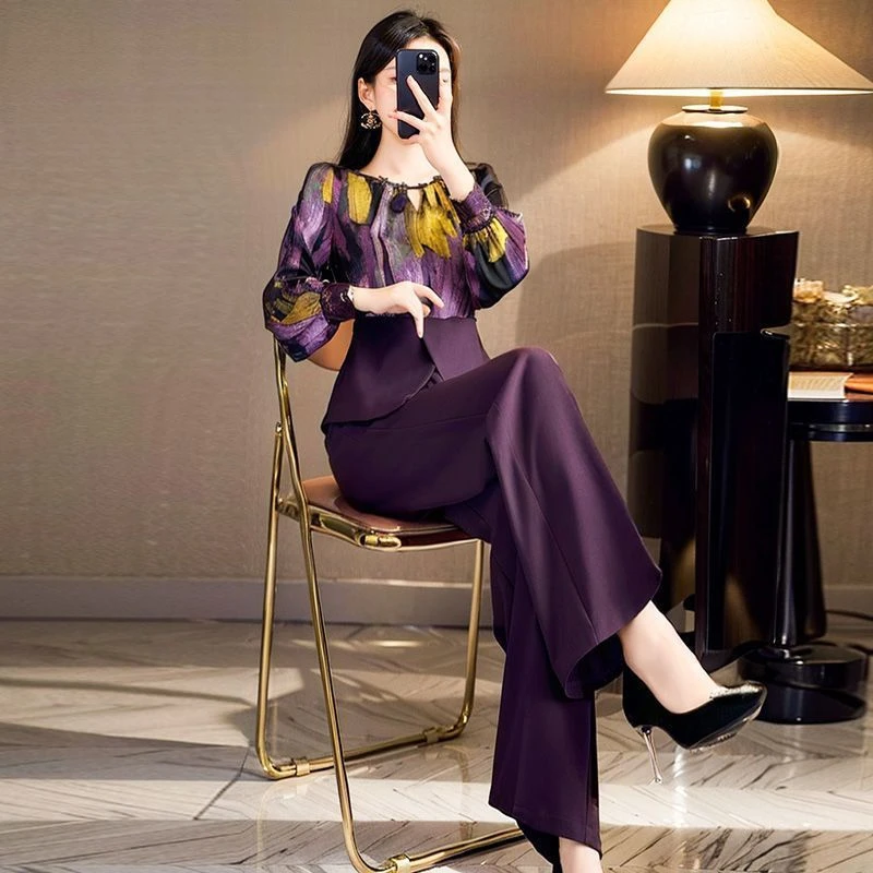 单/套装 高端休闲时尚设计感气质女神范拼接上衣阔腿裤两件套装潮