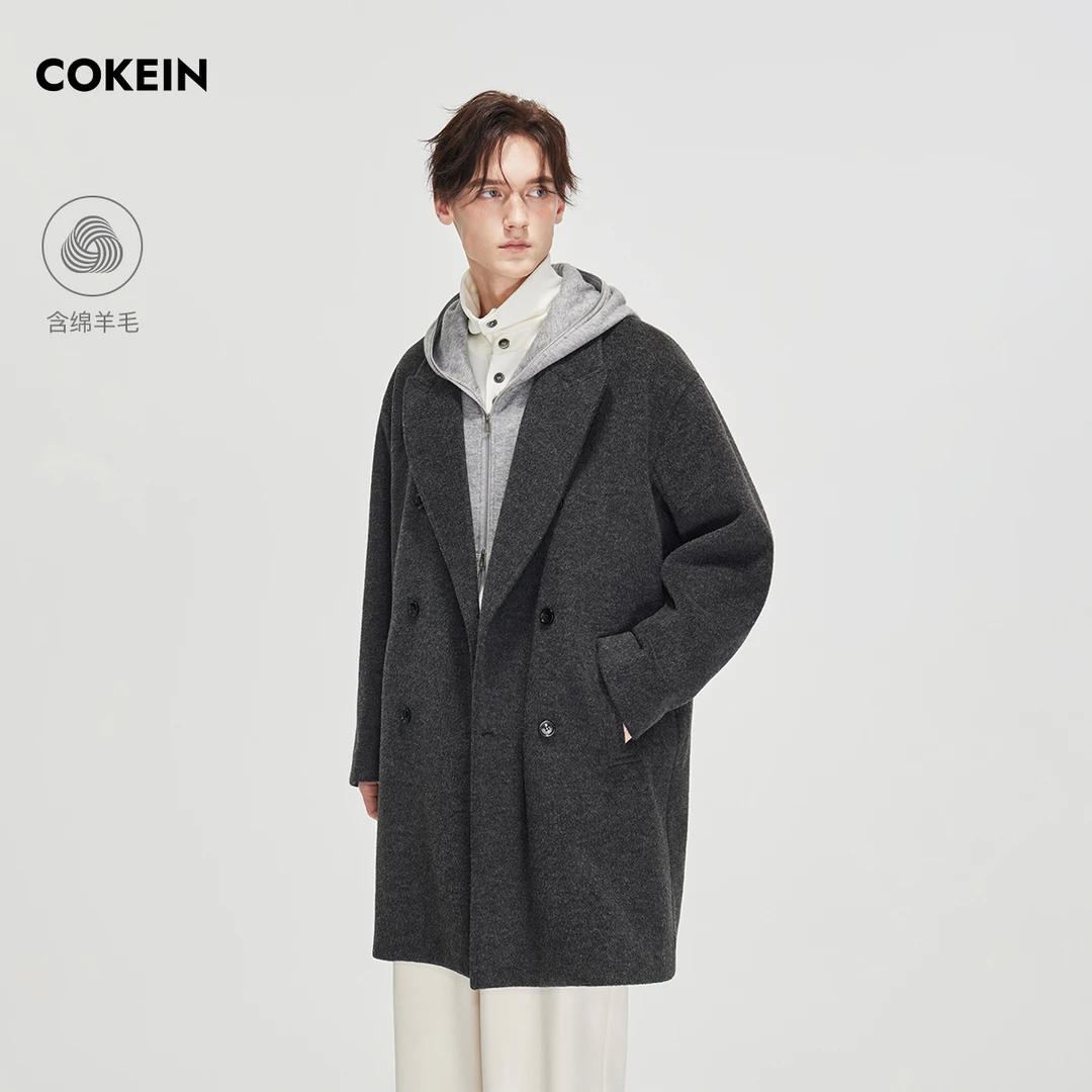 COKEIN呢大衣男2025年秋冬中长款纯色双排扣上衣含羊毛气质外套潮
