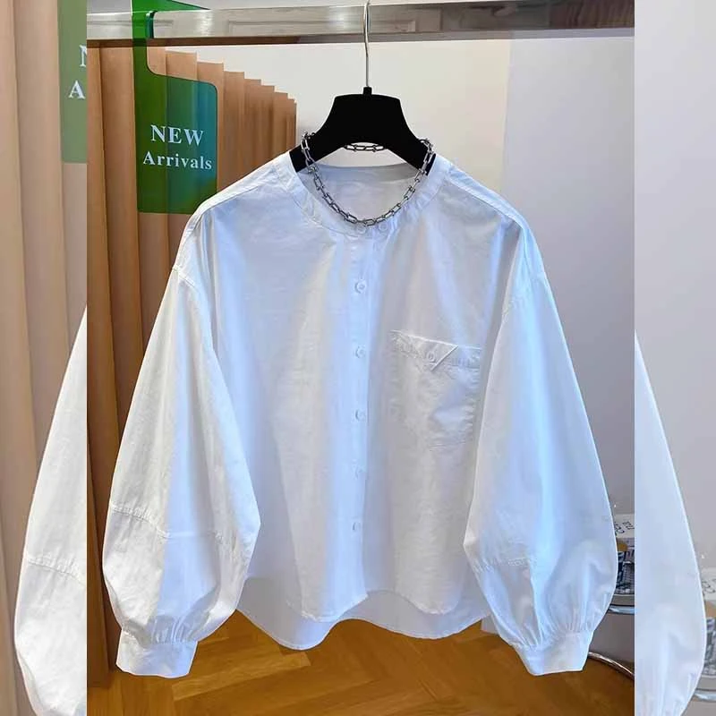 通勤风纯色圆领口袋大码衬衫女装春秋季新品白色宽松胖妹妹显瘦衣