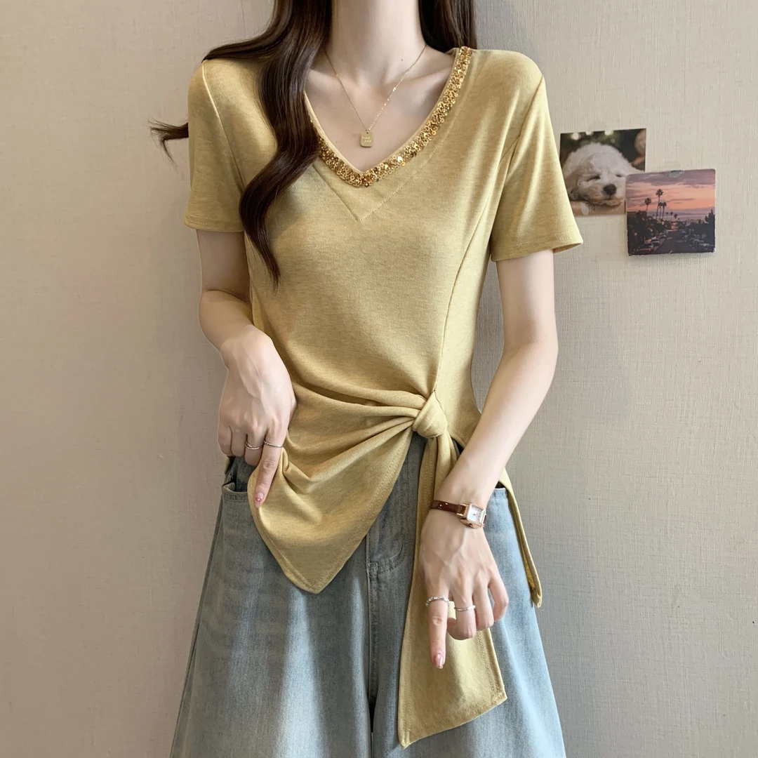 大码女装纯欲风V领正肩短袖T恤女夏季胖MM显瘦绑带收腰设计感上衣