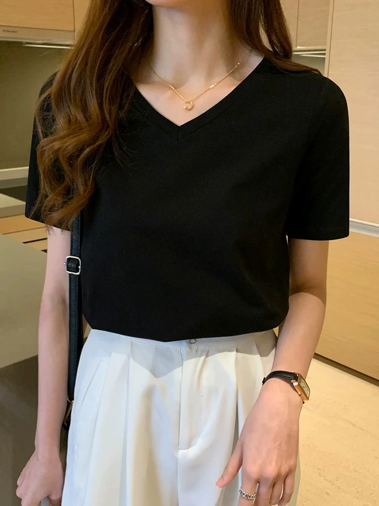 v领t恤女短袖白色打底衫内搭2025新款正肩鸡心领夏季半袖上衣