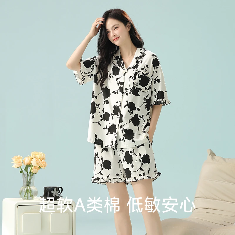睡衣女夏季纯棉短袖短裤套装翻领开衫轻奢舒适宽松休闲薄款家居服