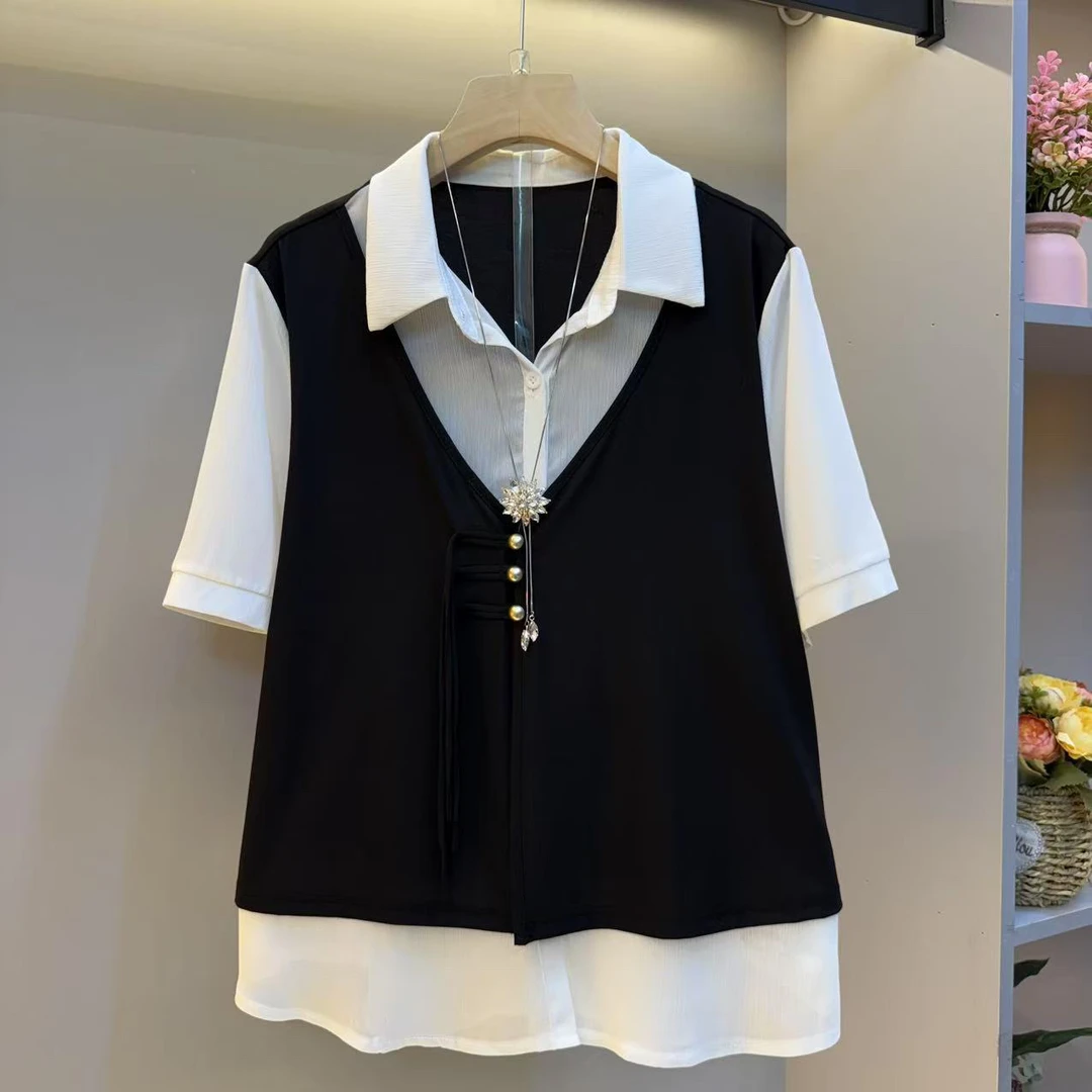 时尚大码女装设计感假两件衬衫马甲新款拼接气质衫
