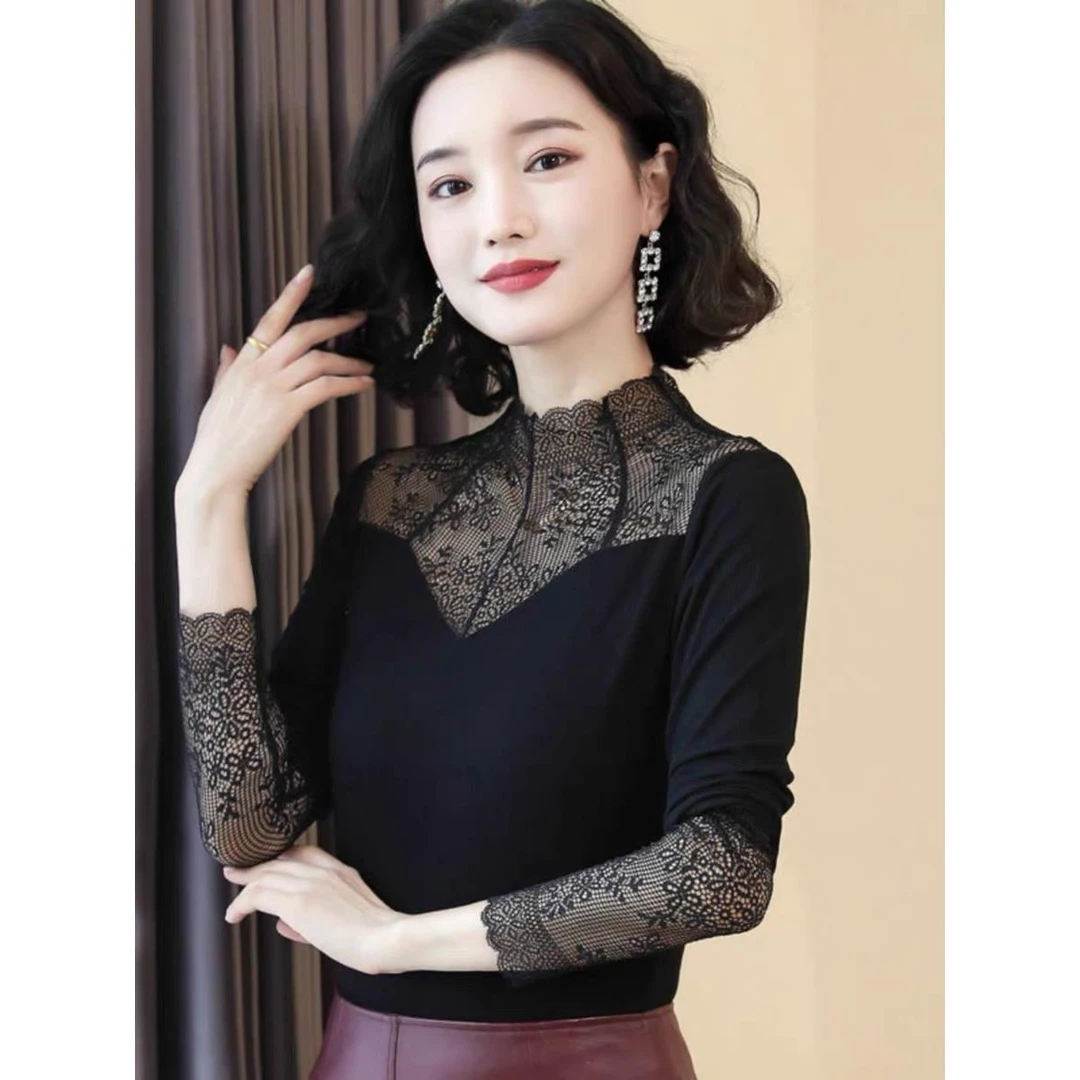 蕾丝打底衫女上衣2025秋冬季新款大码女装打底半高领修身内搭显瘦