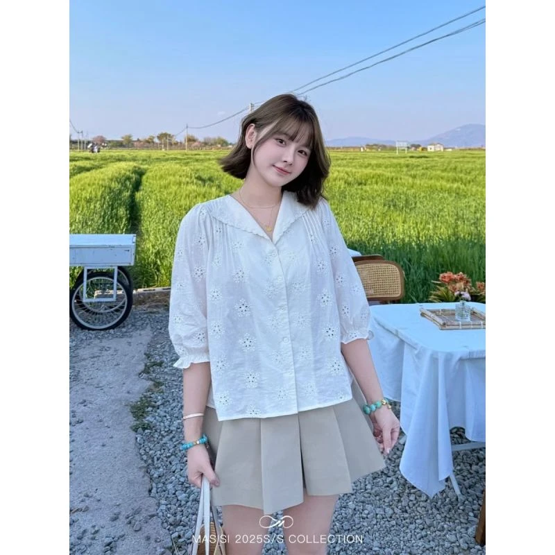 300斤特大码女装正肩翻领衬衫夏季新款胖mm度假风T恤宽松显瘦上衣