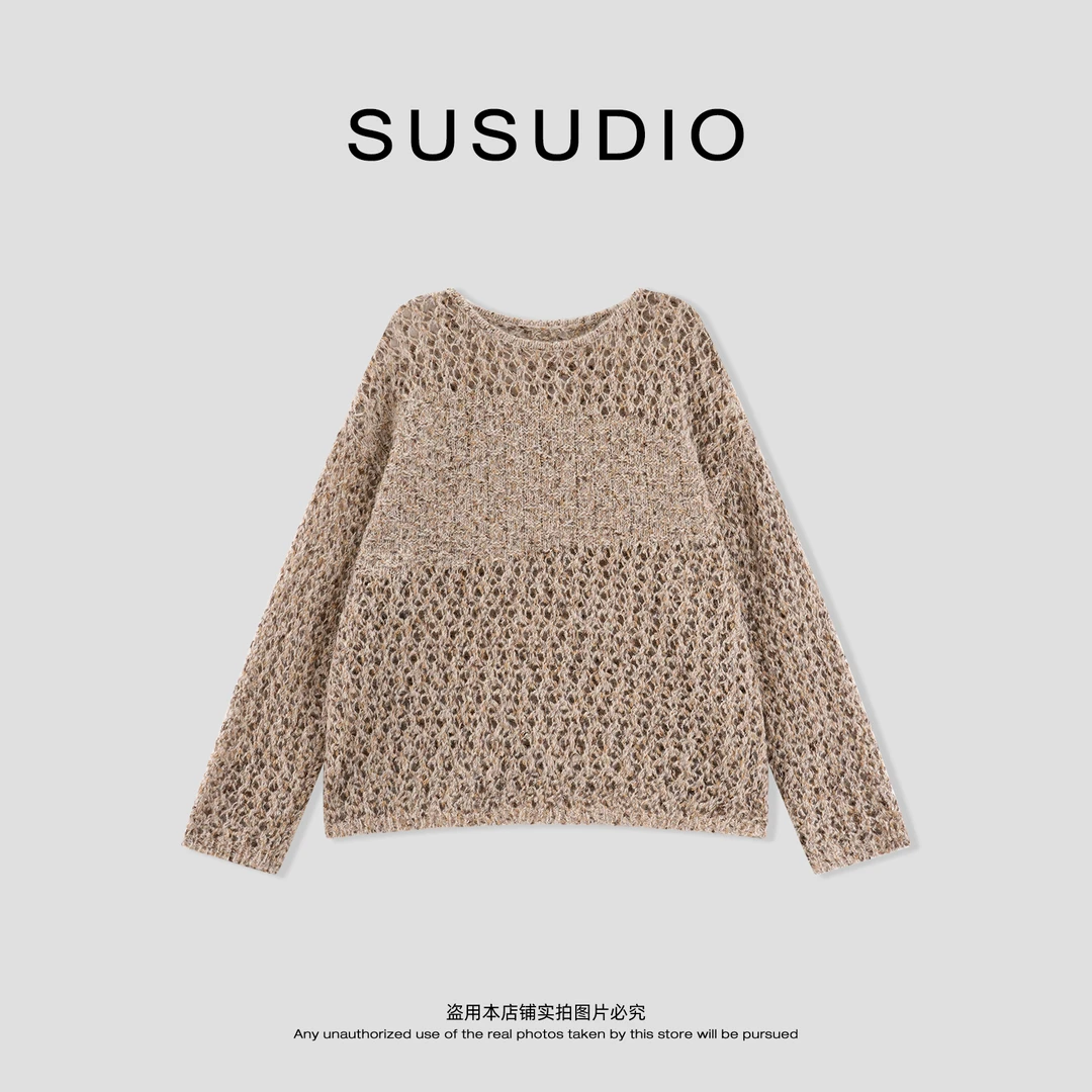 SUSUDIO 羊驼毛+绵羊毛 手工镂空亮丝秋季圆领长袖毛衣 50205