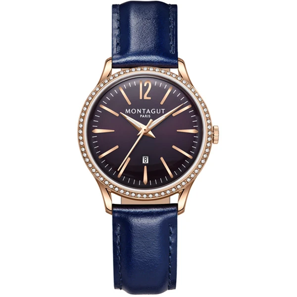 梦特娇米兰风格商务休闲时尚潮流带钻日历腕表女士