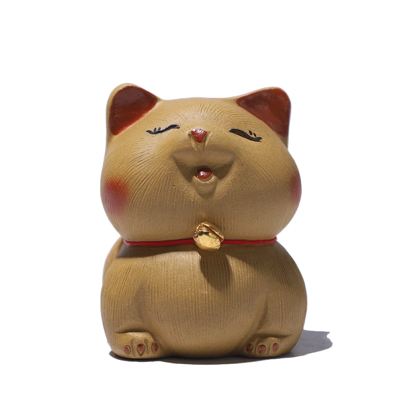 大吉羊 宜兴紫砂雕塑摆件茶宠 段泥铃铛猫 长5.3宽4高5.2cm