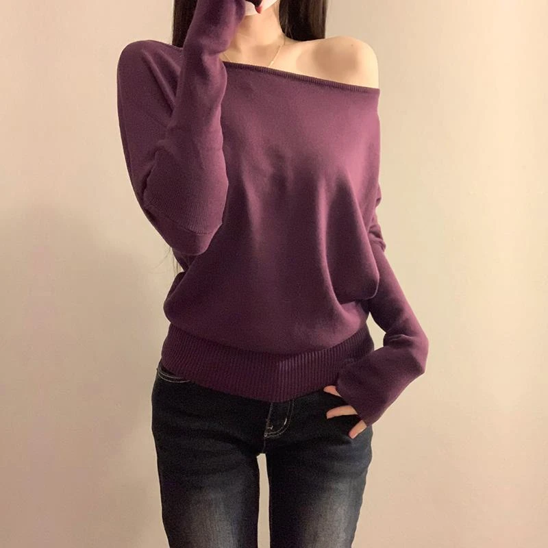 纯欲风紫色斜领一字肩长袖针织衫女春秋新款收腰显瘦百搭毛衣上衣