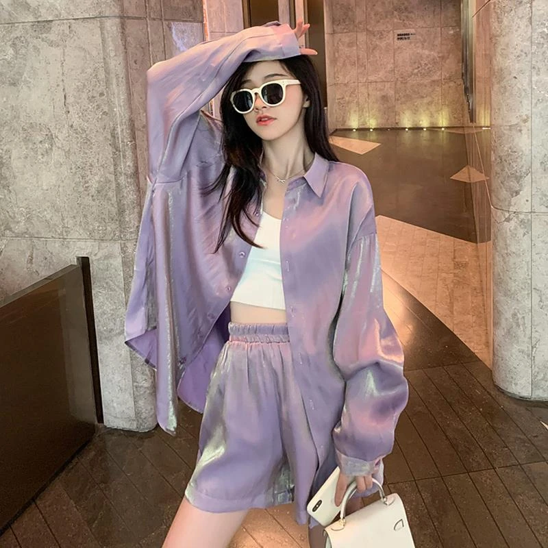法式人鱼姬衬衫女夏季高级感轻奢防晒衣上衣绝美紫色衬衣短裤套装