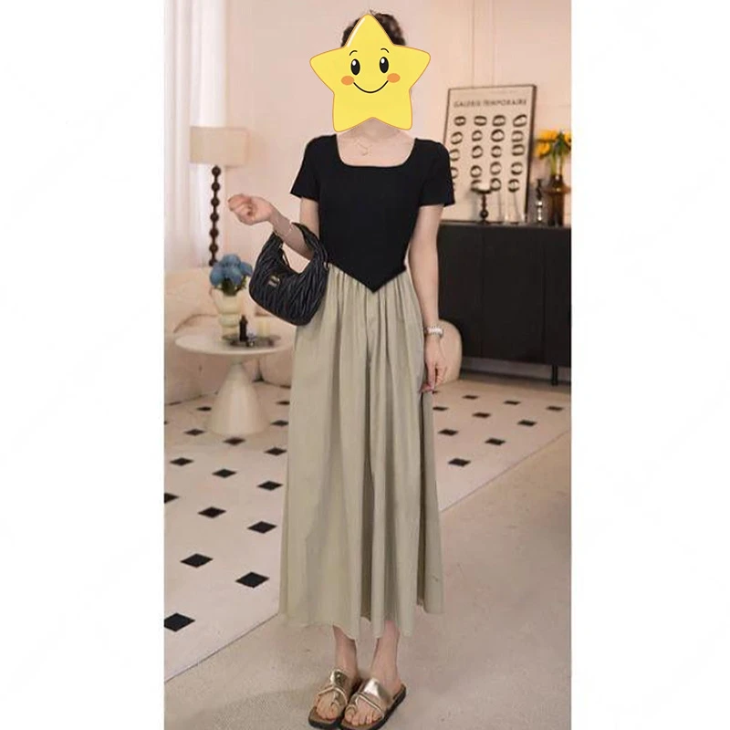 气质优雅风拼接圆领连衣裙女2025夏季新款百搭舒适透气高级感裙子