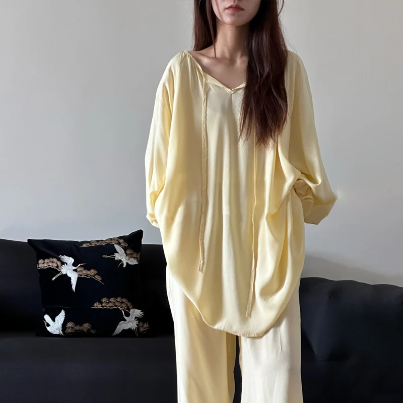 慵懒风女高品质棉绸套头睡衣女套装睡衣空调服家居服