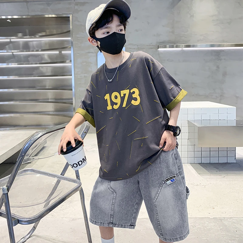 MK&UR.BV儿童装男童夏装套装男孩夏季短袖牛仔中裤两件套帅洋气潮