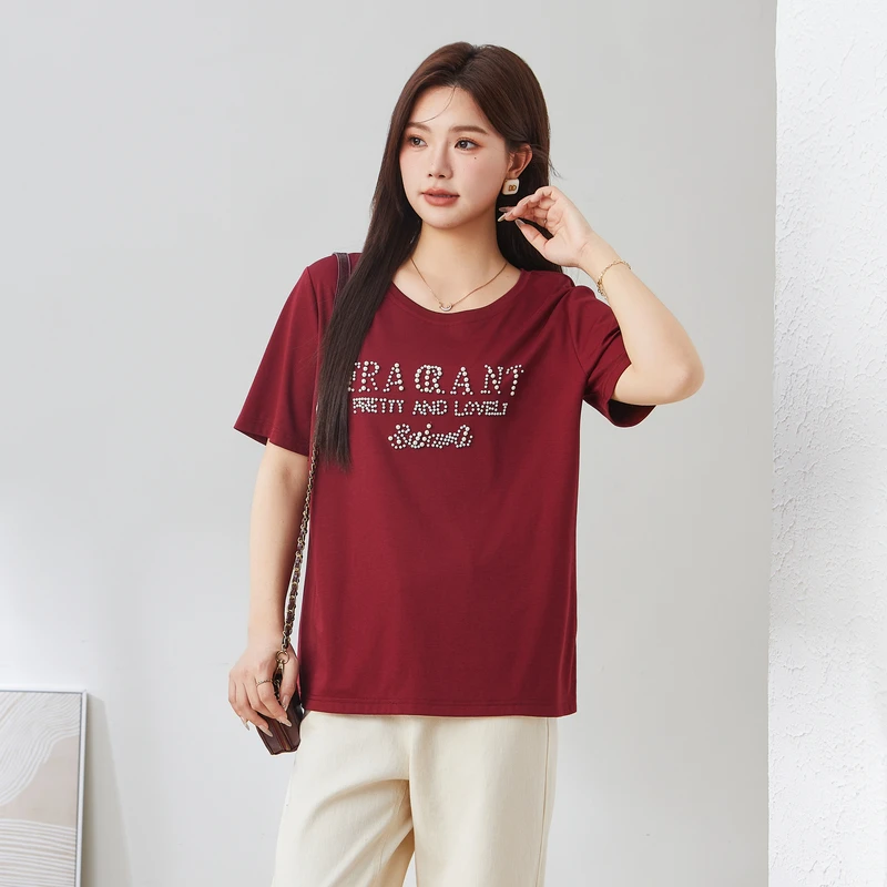 采多宝大码女装时尚减龄钉珠休闲百搭T恤 EXZ3057