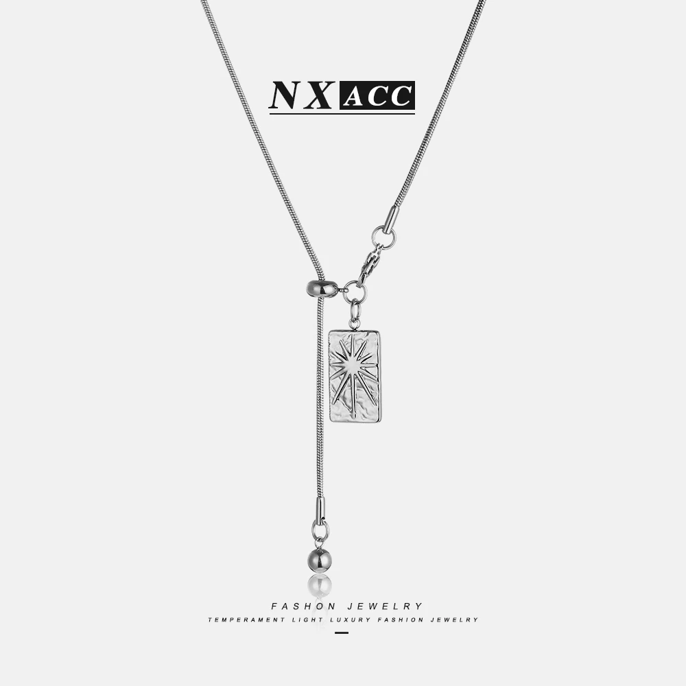 钛钢项链 X-1129太阳方牌吊坠项链女小众个性抽拉流苏长款毛衣链