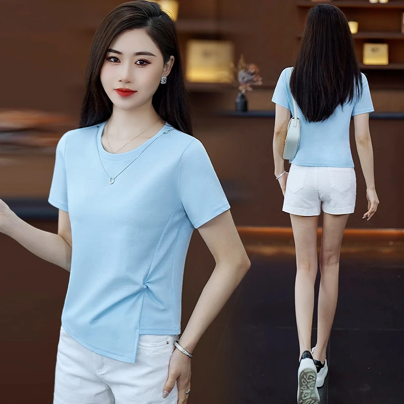 夏季薄款短袖t恤不对称杂志风纯色圆领T恤修身显瘦宽松上衣1537
