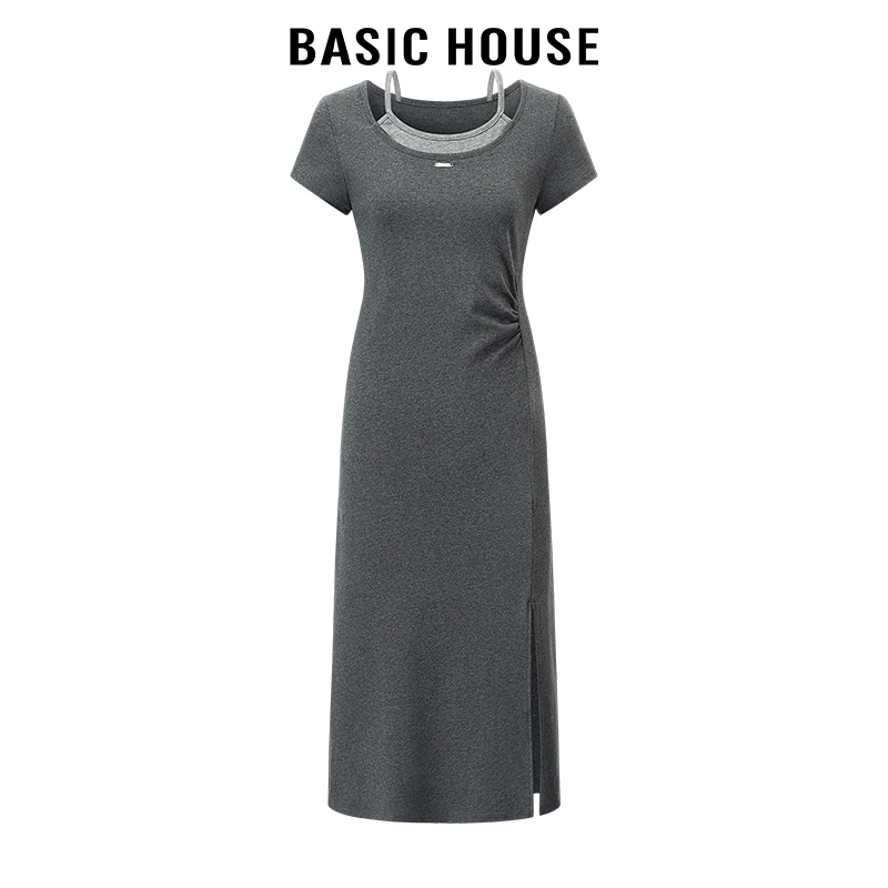 百家好/Basic House假两件设计感拼接腰部褶皱收腰开叉短袖连衣裙