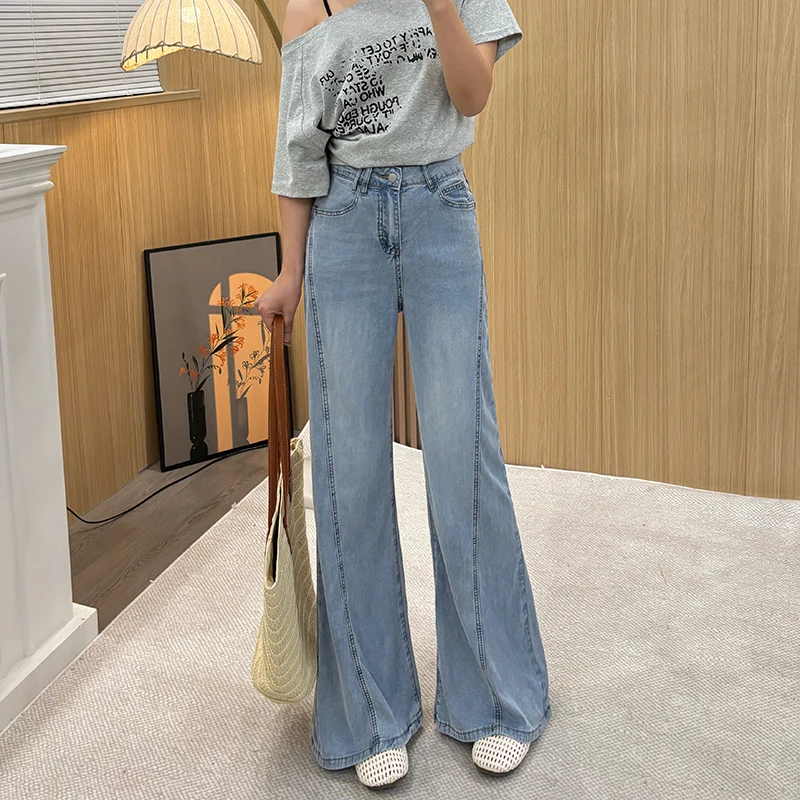 25496#弹力天丝设计感宽松窄版直筒牛仔裤女高腰显瘦破骨减龄长裤