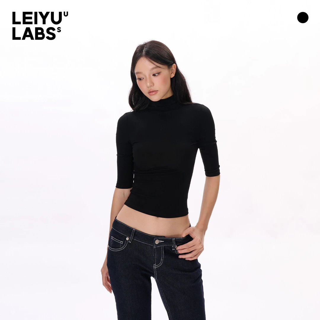 LEIYU LABS半高领针织中袖T恤女秋装2025欧美ins紧身辣妹高腰上衣