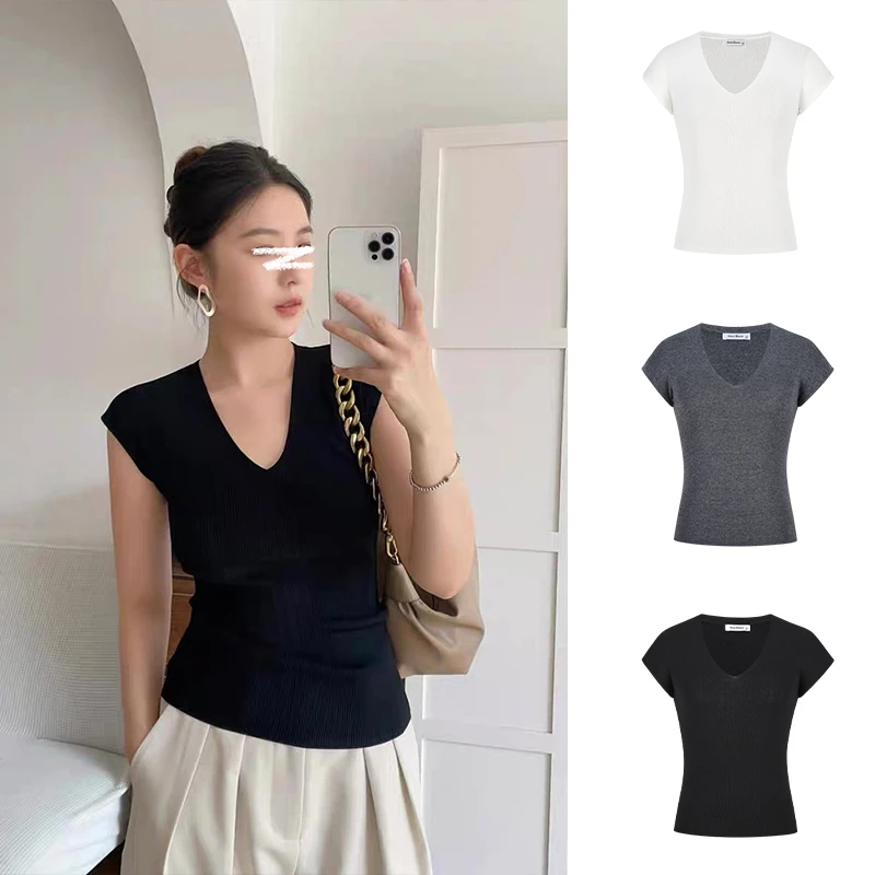 Moses Queen/魔西女王气质正肩V领小飞袖针织上衣修身显瘦背心T恤
