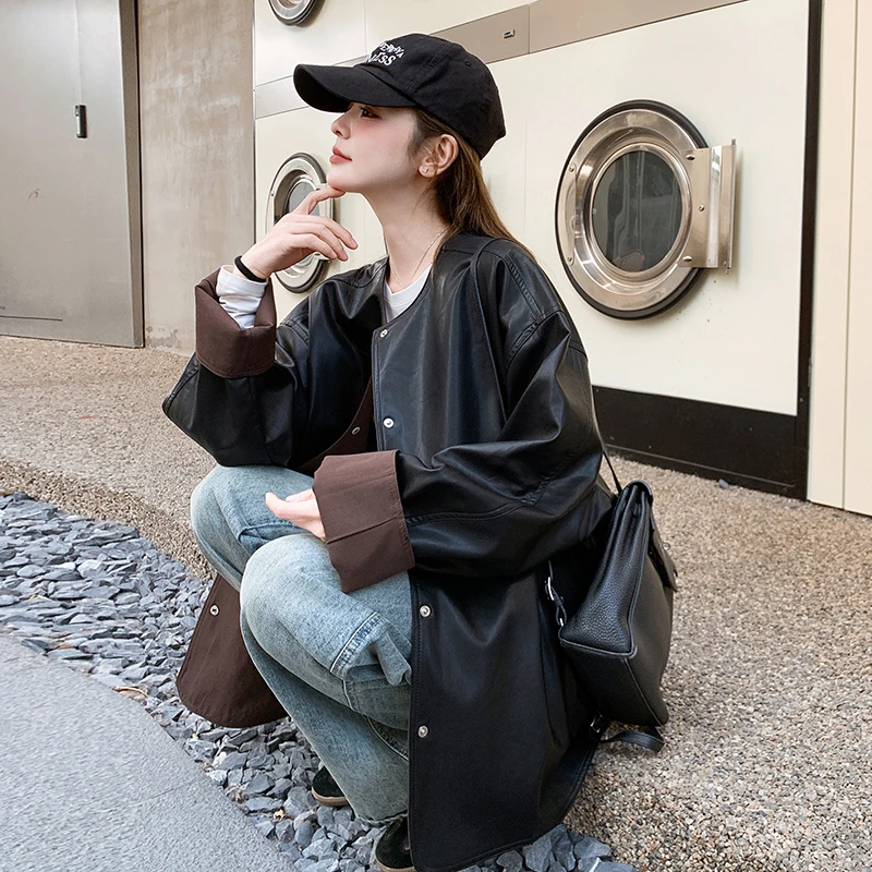 高级感黑色pu皮衣外套女2025春季韩版宽松休闲设计感拼色西服上衣