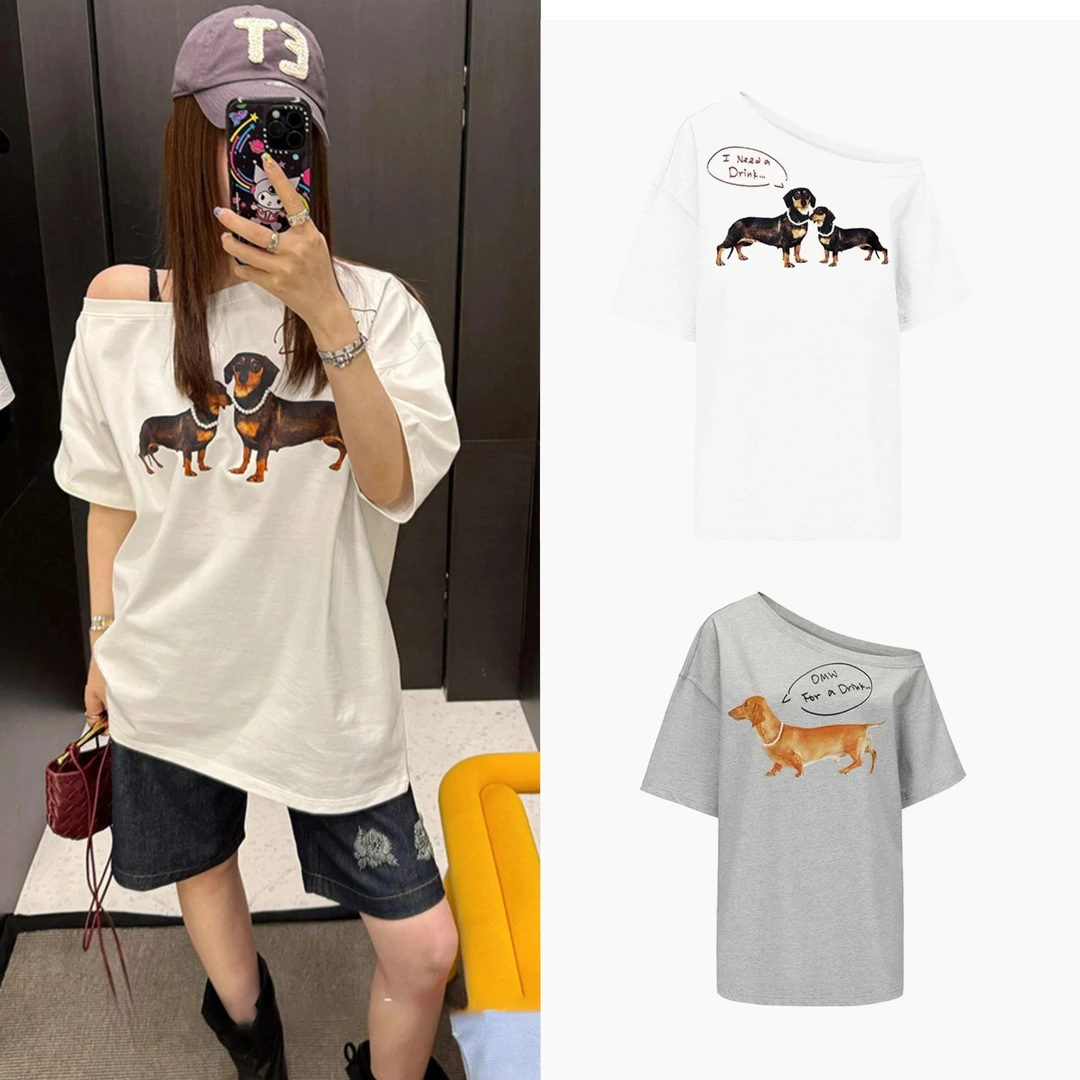 Jennie同款2025夏季新款珍珠项链腊肠狗印花斜肩T恤短袖上衣女