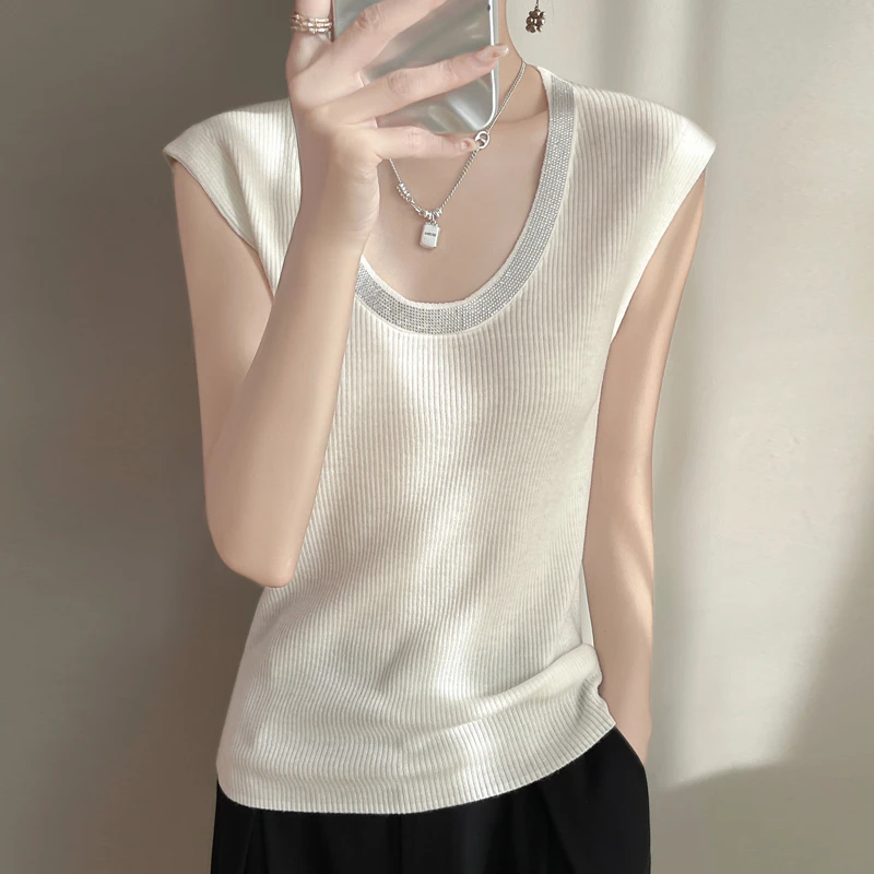 【精纺羊毛】夏季新款烫钻U领无袖背心打底衫洋气百搭宽松显瘦