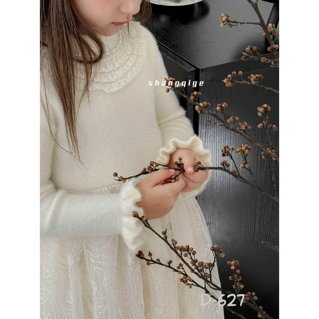 【恩姐定制】冬季童装加绒厚款女童设计师走秀木耳连衣裙END627