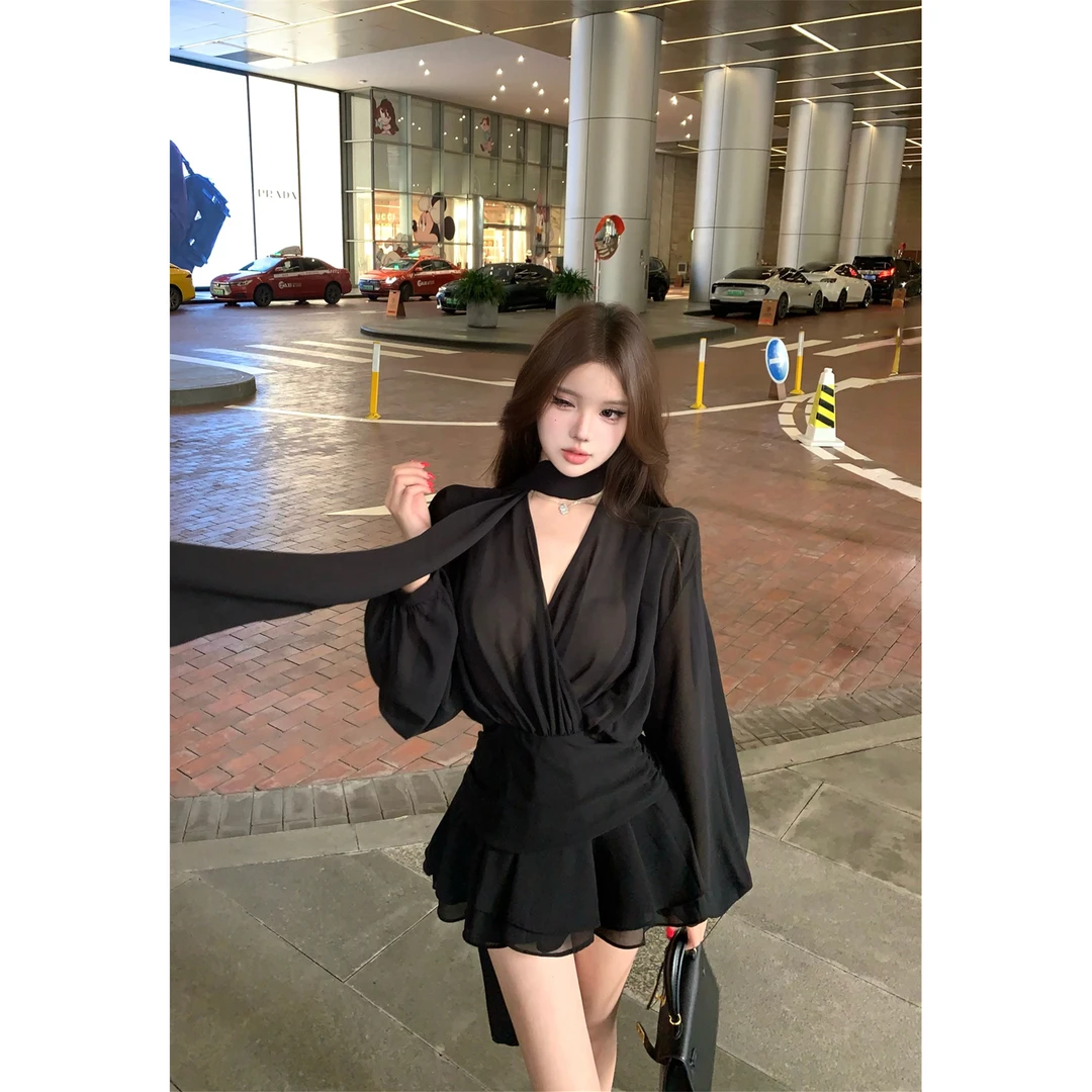 超火～早秋 法式飘带雪纺长袖连衣裙女气质收腰a字短裙巨好看裙子