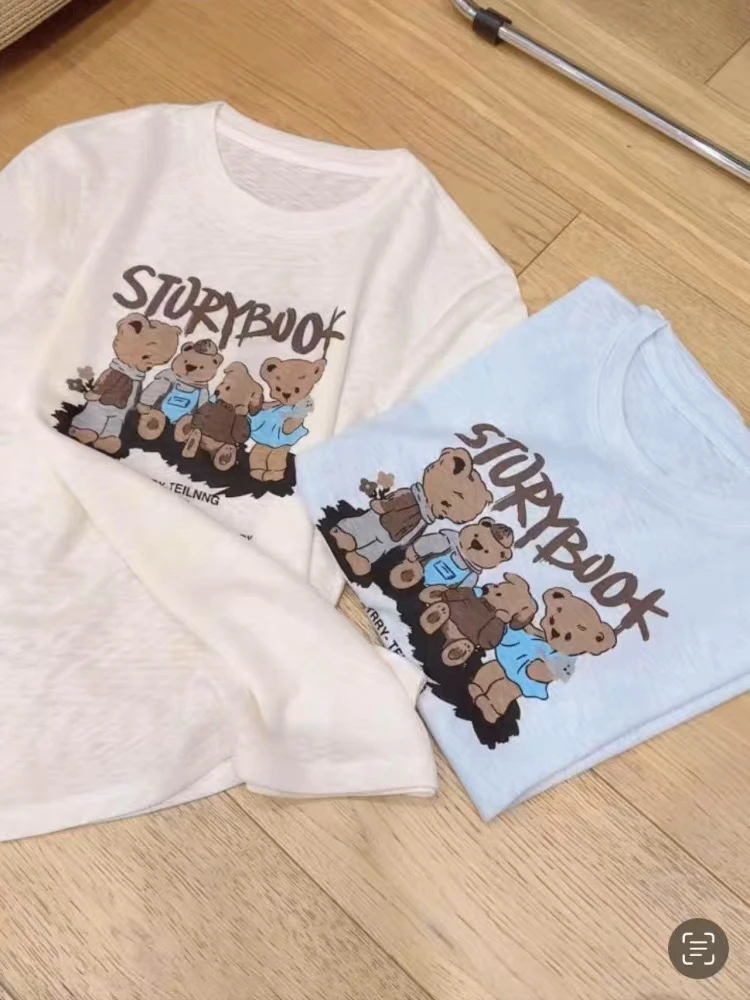 【小熊字母印花】布料竹节绵宽松飞袖短袖T恤女