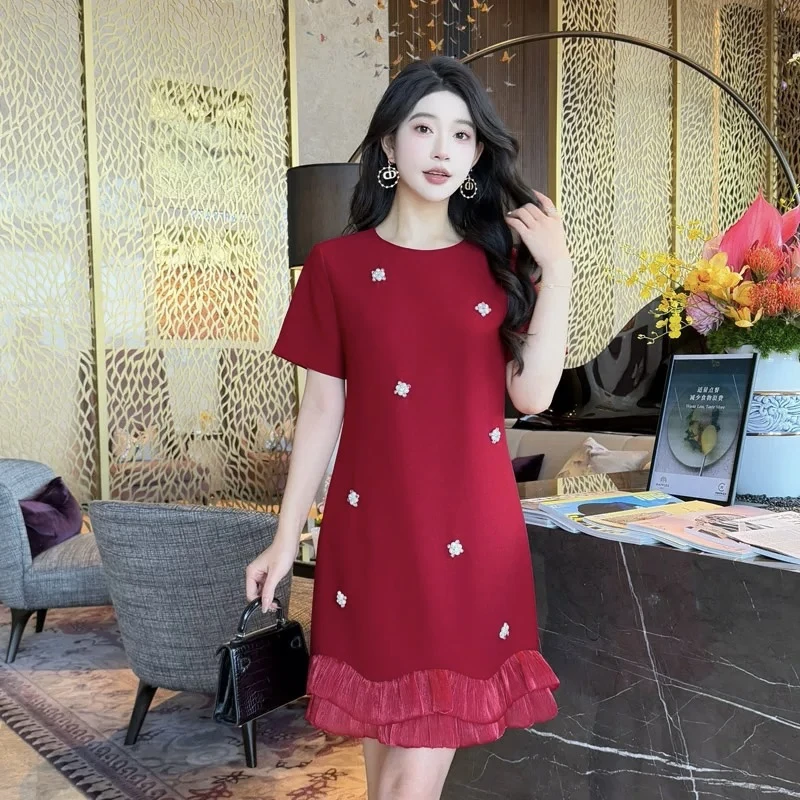 歌哥优质夏季新款圆领手工钉珠气质名媛A摆短袖连衣裙红色裙子092