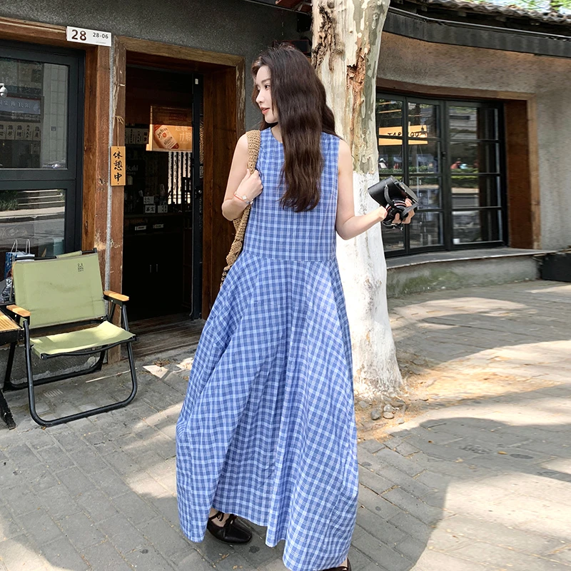 休闲无袖格子背心连衣裙女夏2025新款学院风绝美松弛感穿搭两件套