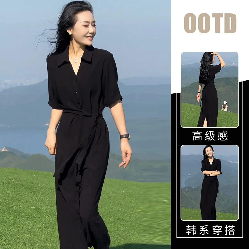 高级感法式轻奢气质连衣裙女2025夏季赫本风收腰显瘦开叉长裙