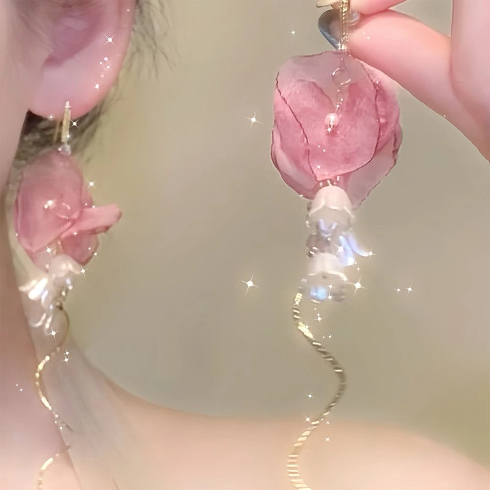 「十里桃花」粉色绢纱花朵长款耳环甜美仙气2025新款时尚百搭耳钩女