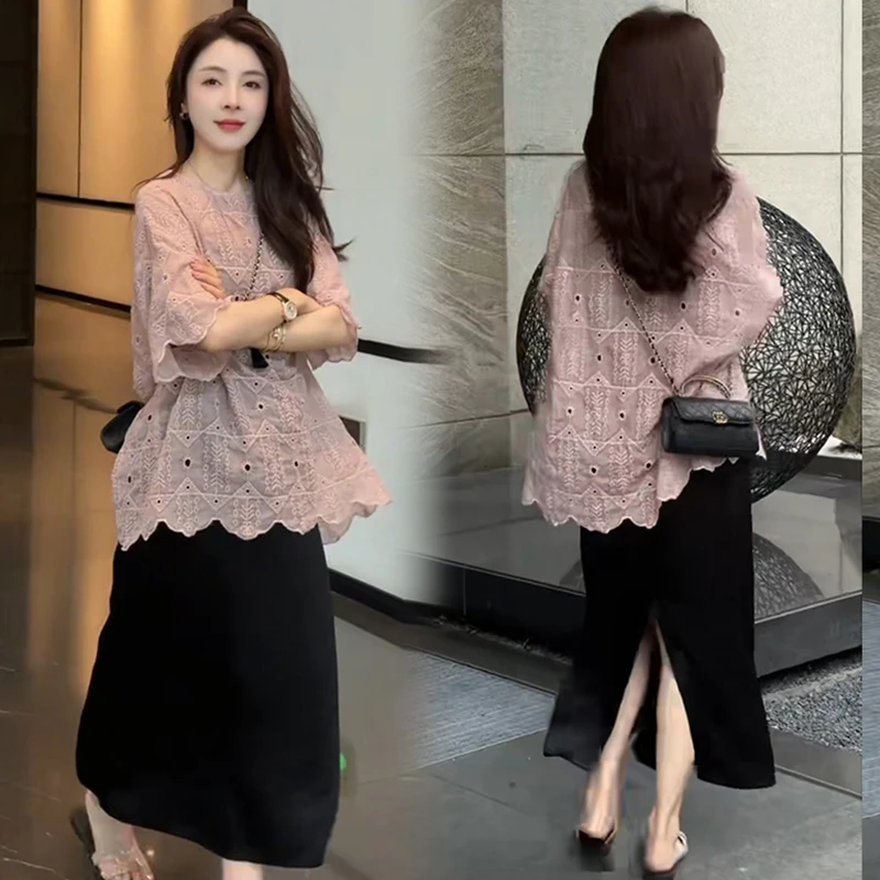 大码女装2025夏季新款时尚慵懒风蕾丝上衣舒适百搭气质半身裙套装
