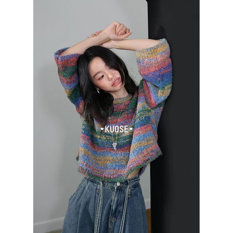 阔色彩色喇叭袖毛衣宽松圆领针织2025秋冬新女气质上衣KSH2509001
