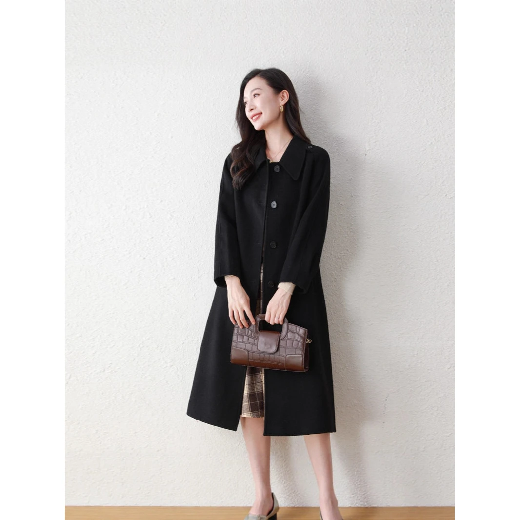 DUCURNO翻领毛呢外套女冬季2026新款时尚气质宽松收腰中长款大衣