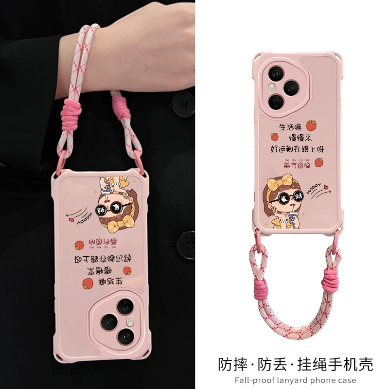 油画熊适用于荣耀400Pro手机壳小众300pro可爱200ultra手提绳子女