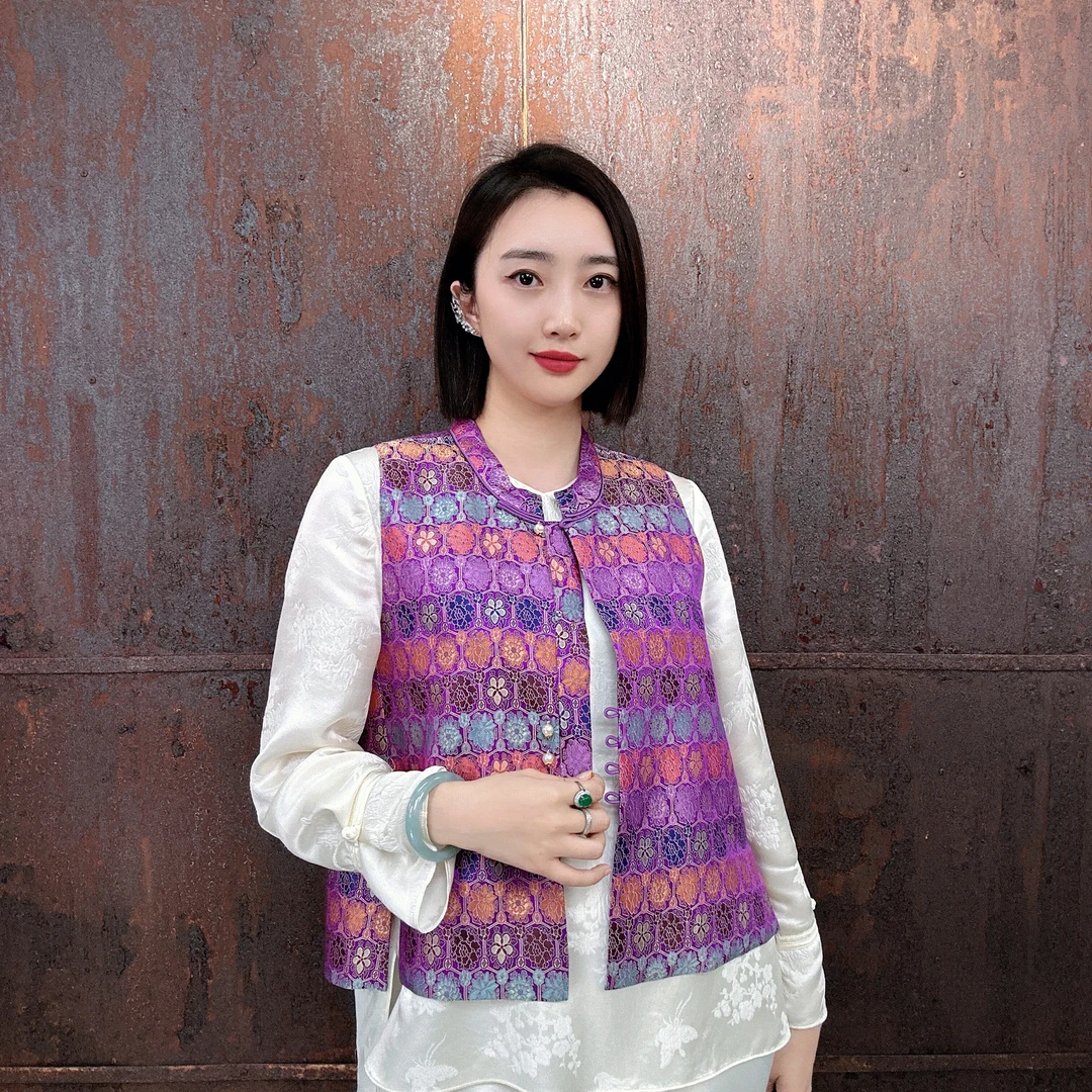 新中式国风时尚桑蚕丝女士宋锦宽松圆领马甲潮牌马夹HF-870104