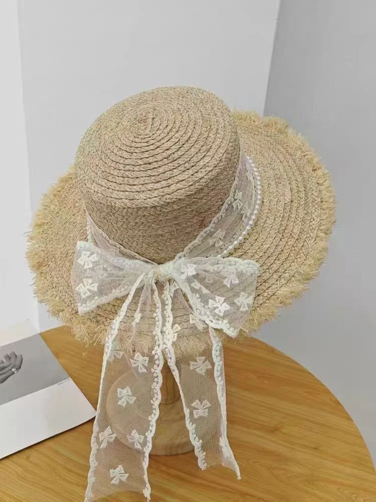 L.X~法式优雅时尚百搭蕾丝绑带珍珠平顶帽子女海边度假草帽6515