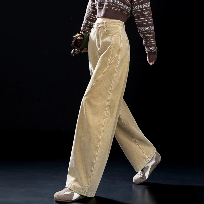 老钱风复古卡其色灯芯绒休闲裤女秋冬加绒显瘦阔腿裤小个子弯刀裤