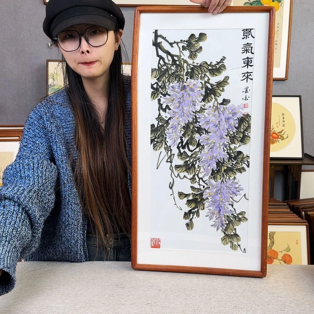 国画纯手绘，纯手写带框尺寸：36×69厘米